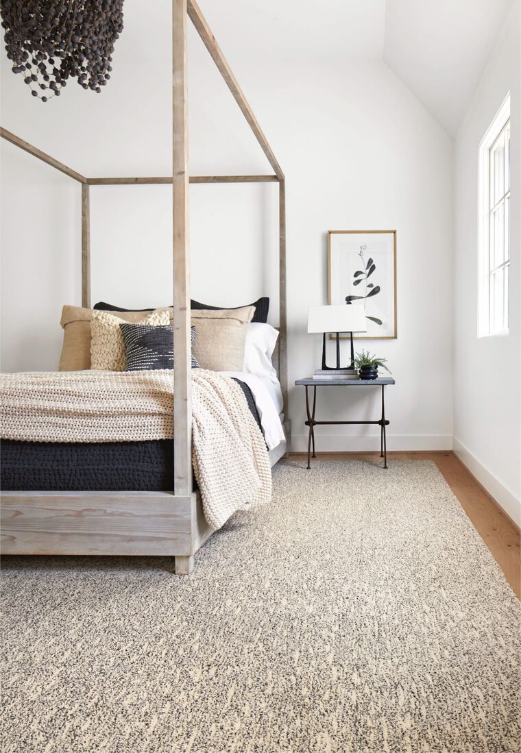 FLOR bedroom area rug in the NEW style – Memory Lane shown in Pearl.